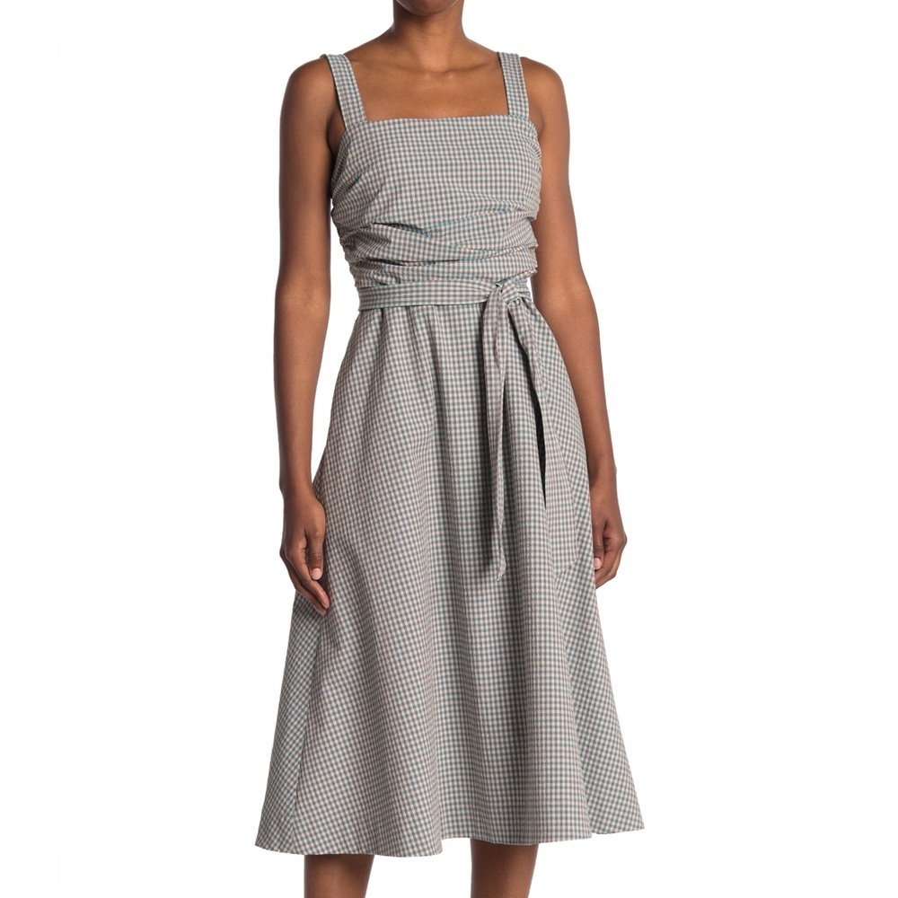 Veronica Beard Dress Positano Seersucker Gingham Checked Plaid Belted Midi Sz‎ 6
